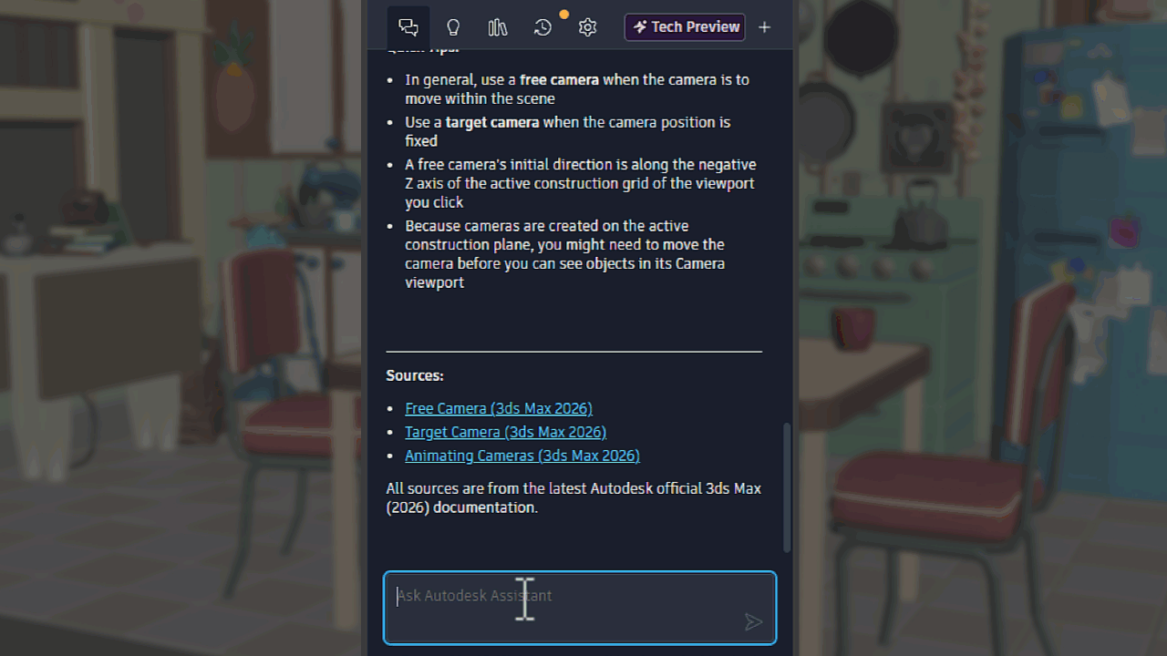 A digital interface displaying guidelines for camera types in 3ds Max 2026, set in a kitchen environment with chairs and a fridge in the background.